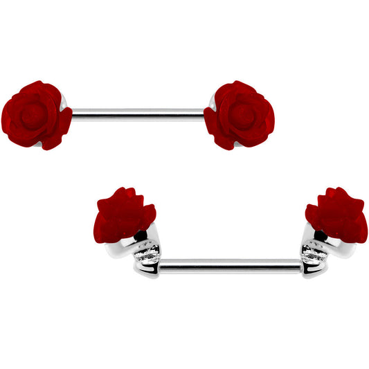 14G 5/8 Fancy Red Rose Flower Nipple Barbell Set
