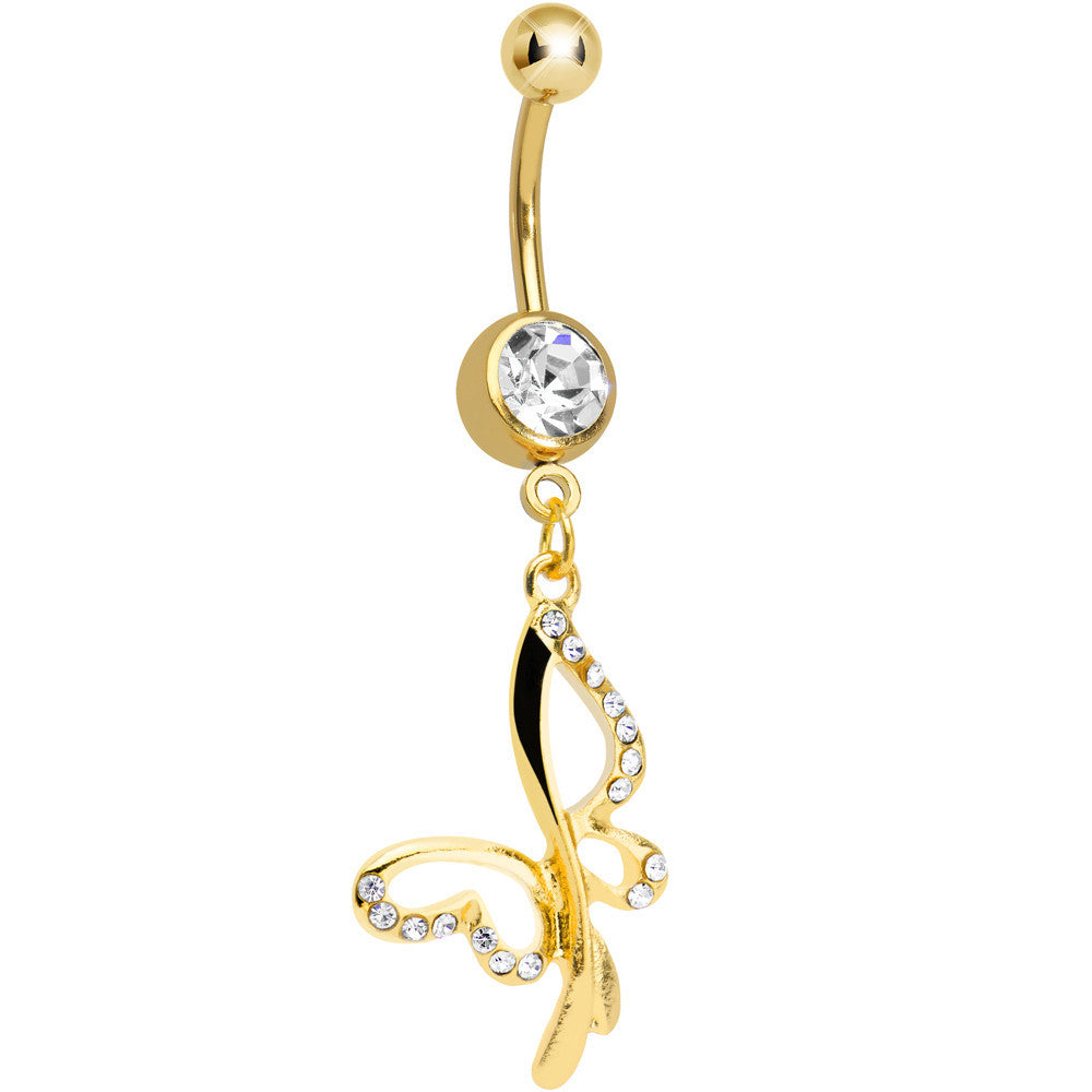Clear Gem Gold Plated Breathtaking Butterfly Dangle Belly Ring