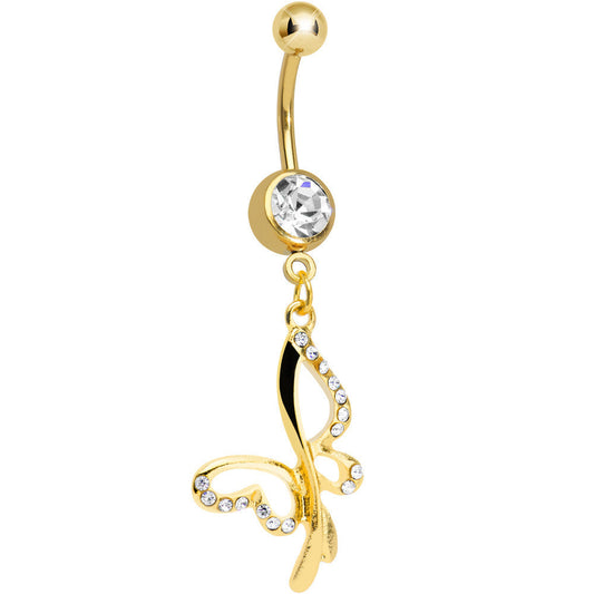 Clear Gem Gold Plated Breathtaking Butterfly Dangle Belly Ring