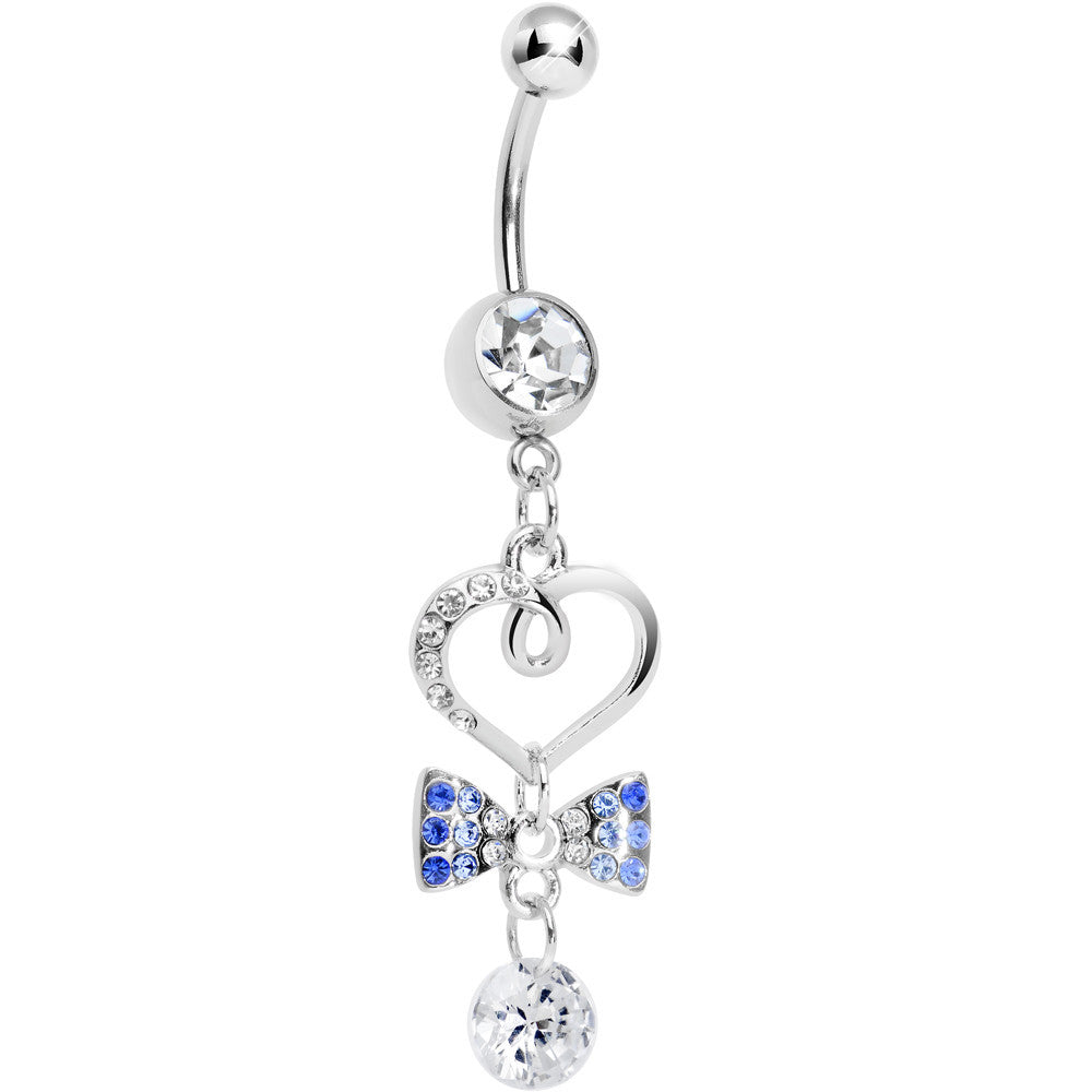 Clear CZ Drop Blue Gem Bow Half Paved Heart Dangle Belly Ring