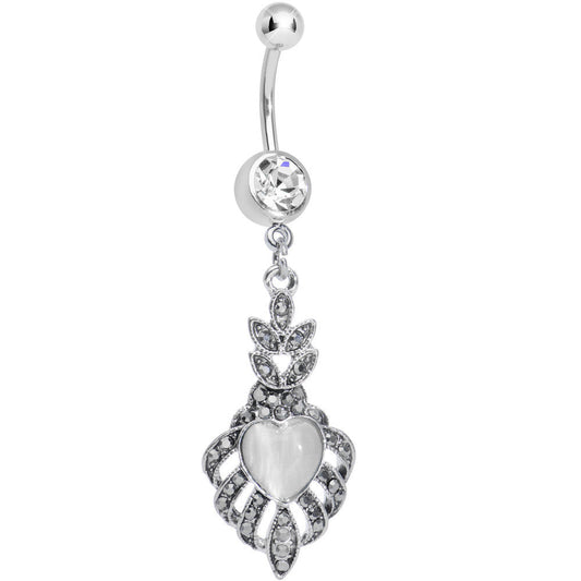 Clear Gem Royal White Heart Dangle Belly Ring