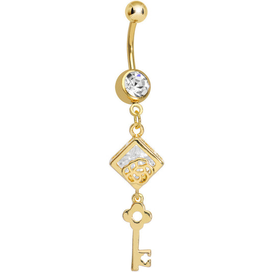 Clear Gem Gold Plated Key to My Diary Dangle Belly Ring