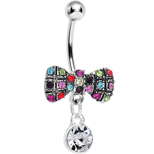Crystalline Round Drop and Multi Gem Clown Tie Dangle Belly Ring