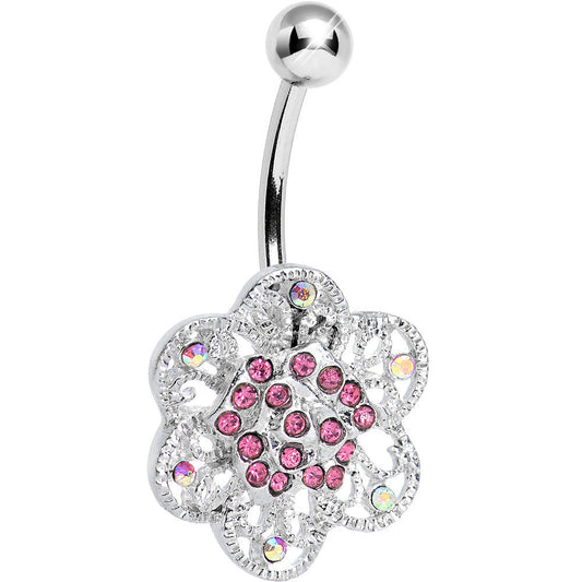Pink Aurora Gem Dazzling Daisy Flower Belly Ring