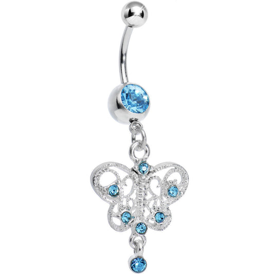 Aqua Gem Hollow Butterfly Swirl Dangle Belly Ring