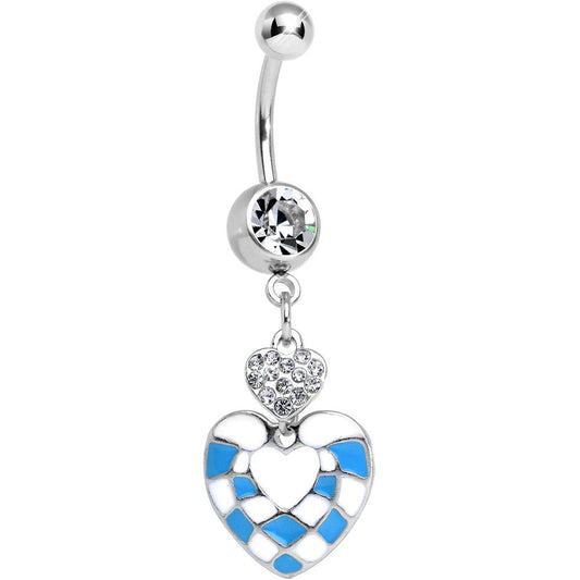 Clear Gem Blue and White Checkerboard Queen Heart Dangle Belly Ring