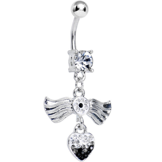 Clear Gem Fancy Angel Wings Clear Black Paved Heart Dangle Belly Ring