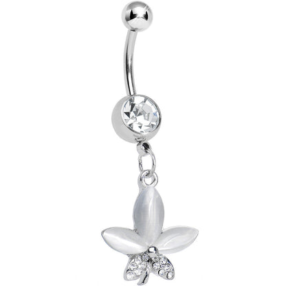 Clear Gem Blooming White Pearly Flower Dangle Belly Ring