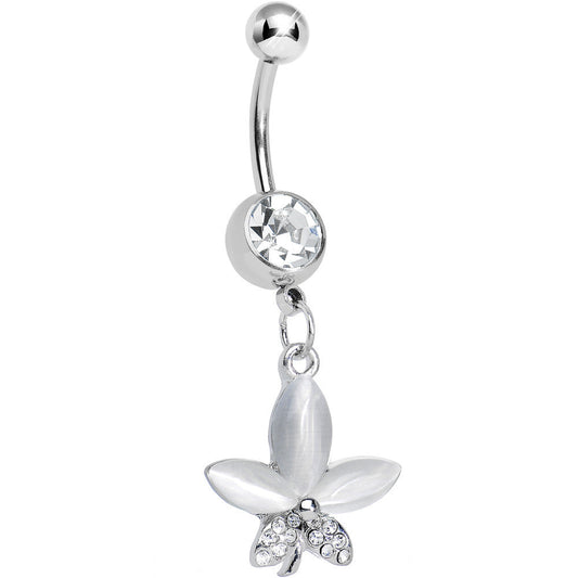 Clear Gem Blooming White Pearly Flower Dangle Belly Ring