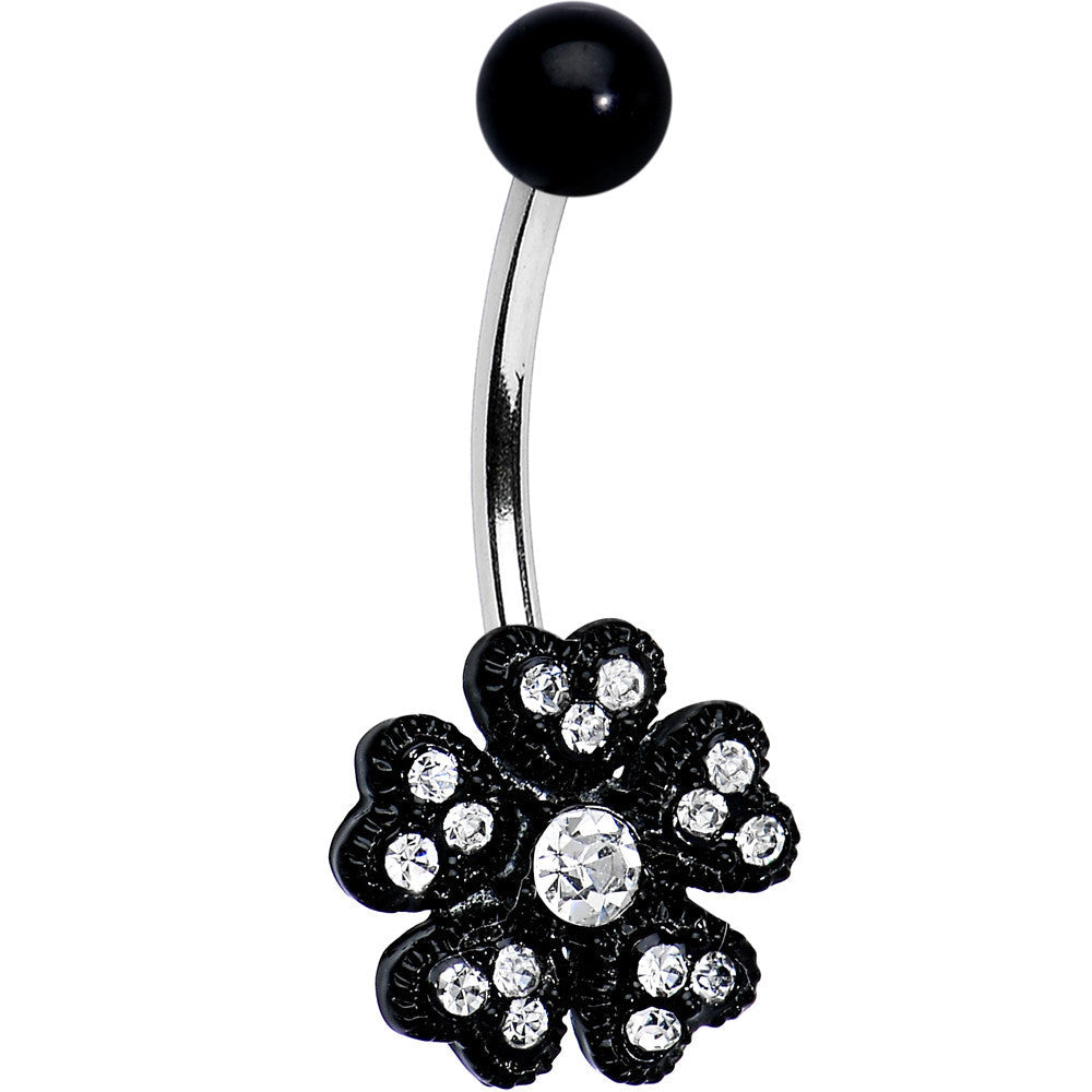 Clear Gem Midnight Black Five Petal Flower Belly Ring