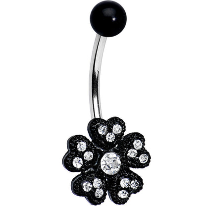 Clear Gem Midnight Black Five Petal Flower Belly Ring