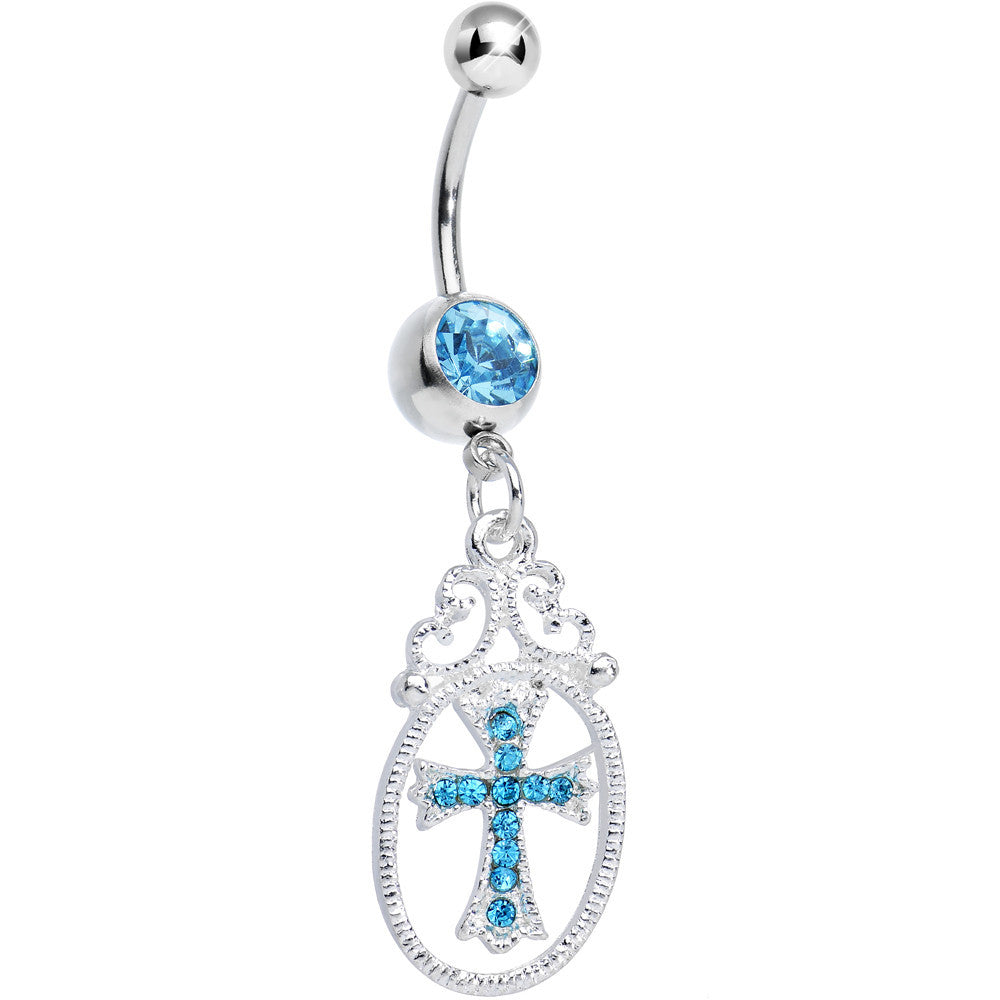 Aqua Gem Oval Framed Elegant Cross Dangle Belly Ring