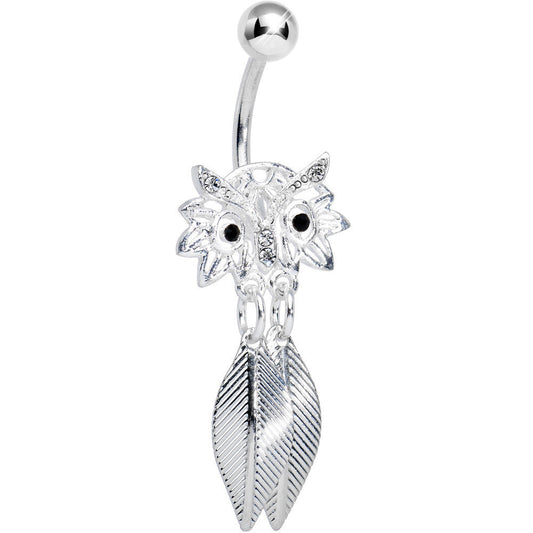 Crystalline Gem Gleaming Feathers Surprised Owl Dangle Belly Ring