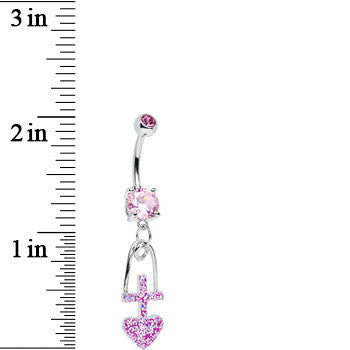 Pink Gem Glitter Cross and Heart Dangle Belly Ring