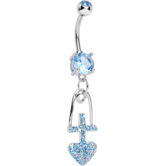 Aqua Gem Glitter Cross and Heart Dangle Belly Ring