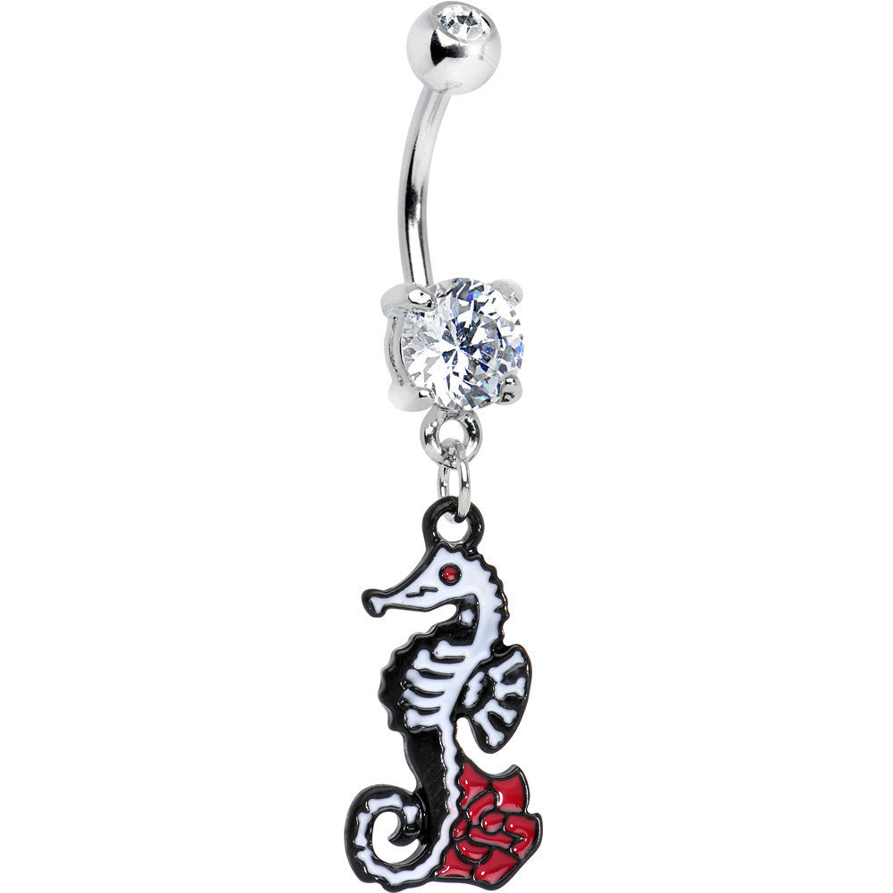 Clear Gem Smiling Seahorse and Red Rose Flower Dangle Belly Ring