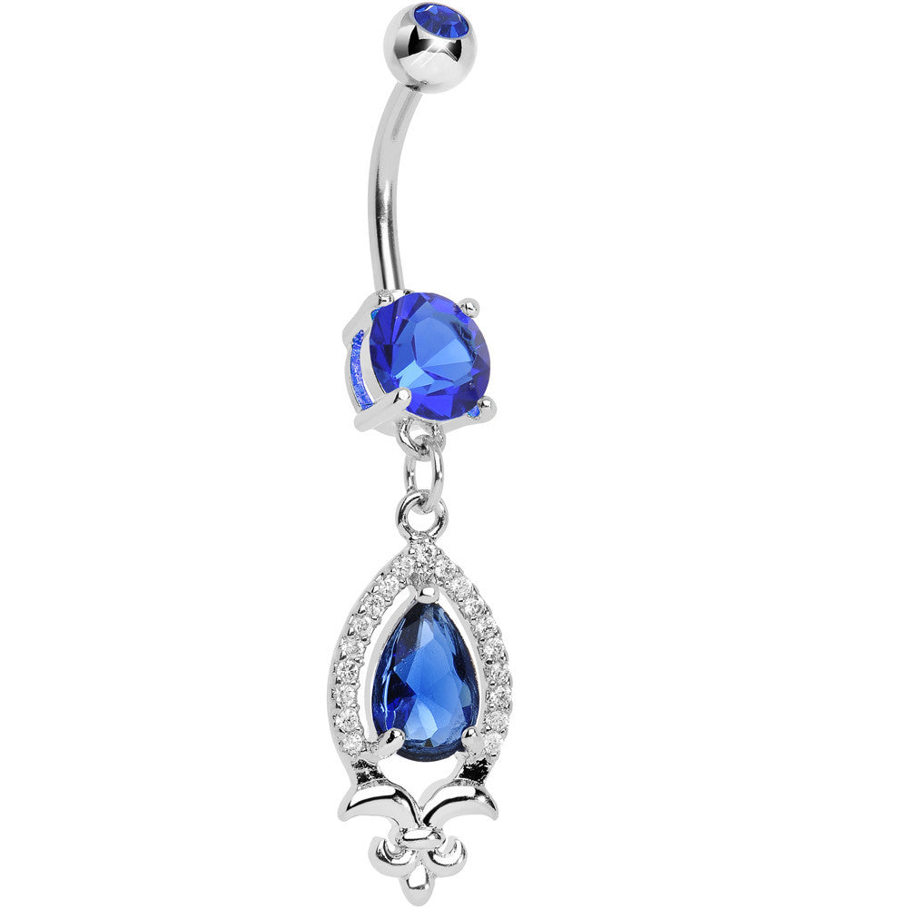 Blue Gem Brilliant Budding Fleur De Lis Dangle Belly Ring