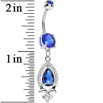 Blue Gem Brilliant Budding Fleur De Lis Dangle Belly Ring