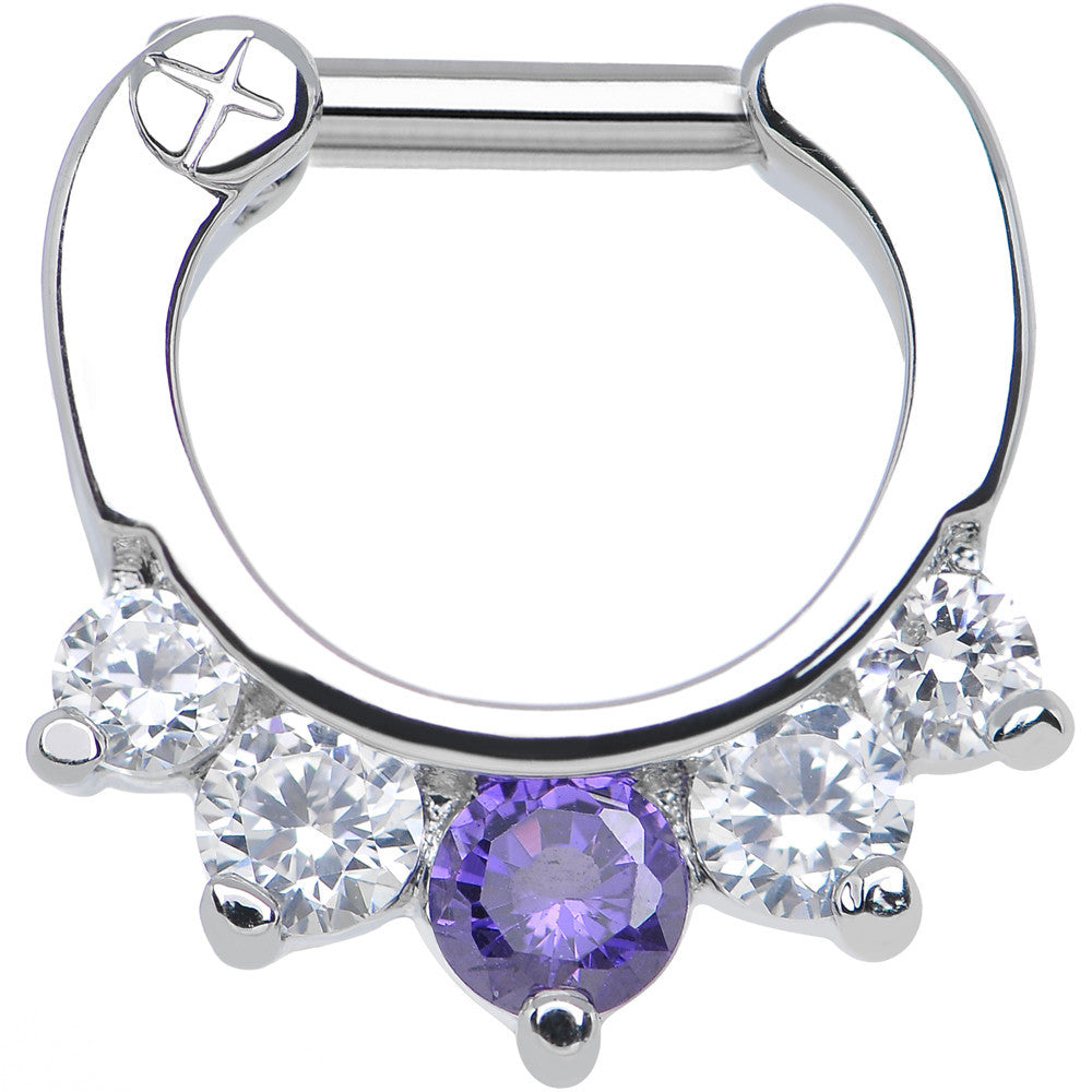 14G 1/4 Five Clear and Tanzanite Cubic Zirconia Septum Clicker