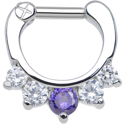 14G 1/4 Five Clear and Tanzanite Cubic Zirconia Septum Clicker
