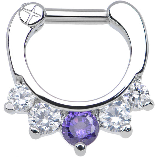 14G 1/4 Five Clear and Tanzanite Cubic Zirconia Septum Clicker