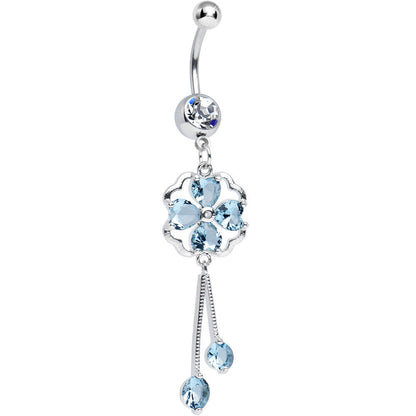 Clear CZ Aqua Four Heart Clover Dangle Belly Ring