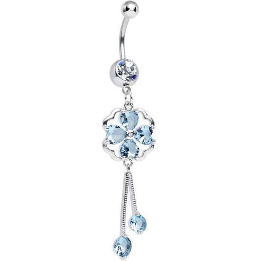 Clear CZ Aqua Four Heart Clover Dangle Belly Ring