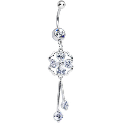 Clear CZ Clear Four Heart Clover Dangle Belly Ring