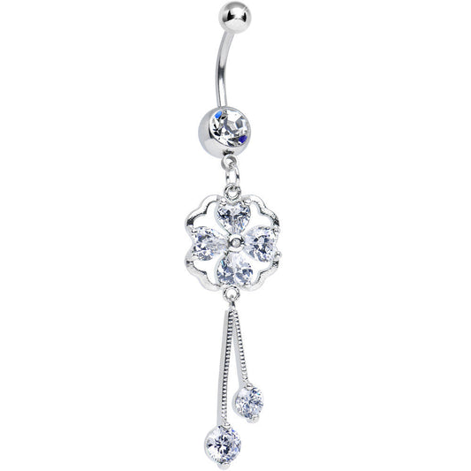 Clear CZ Clear Four Heart Clover Dangle Belly Ring