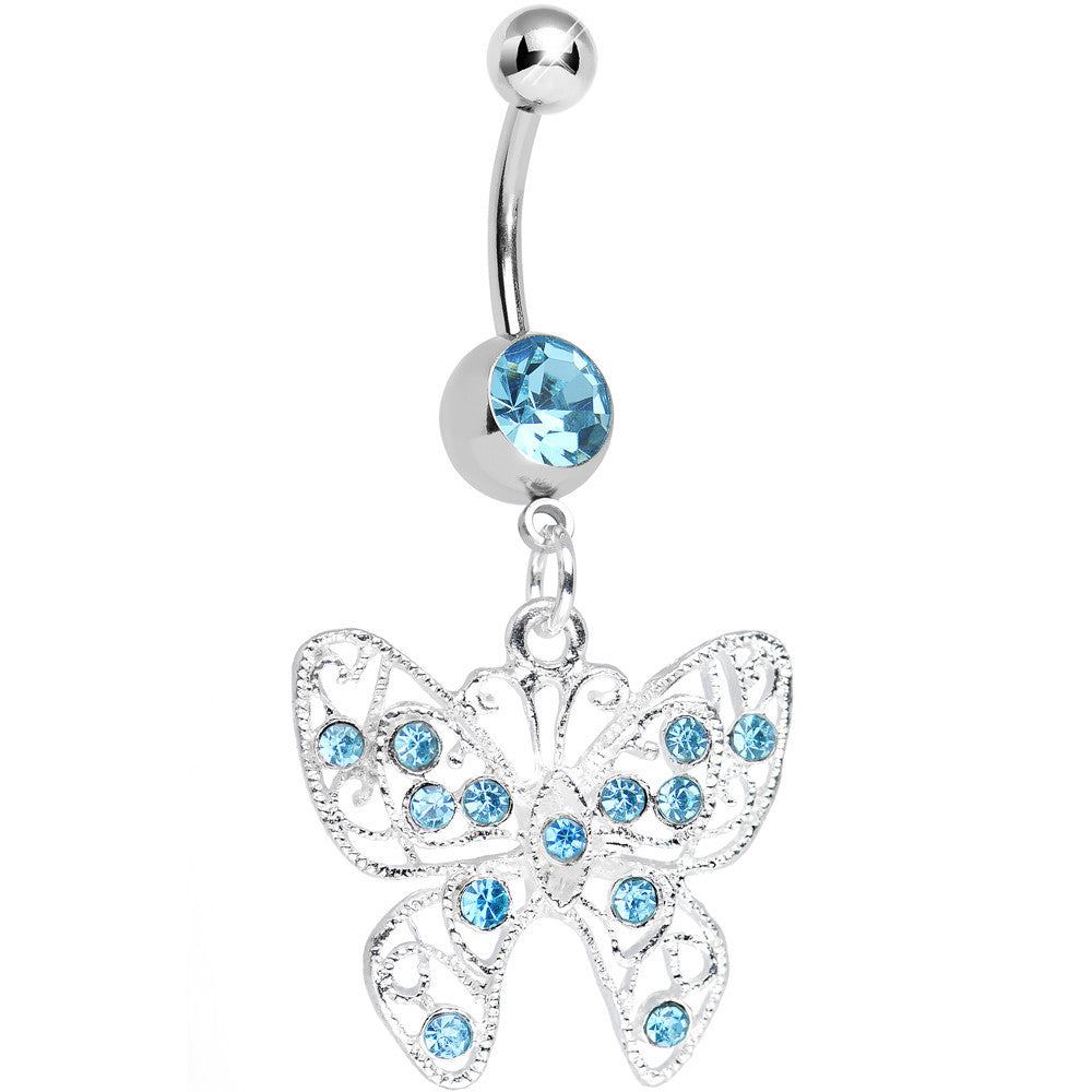 Aqua Gem Fancy Filigree Butterfly Belly Ring