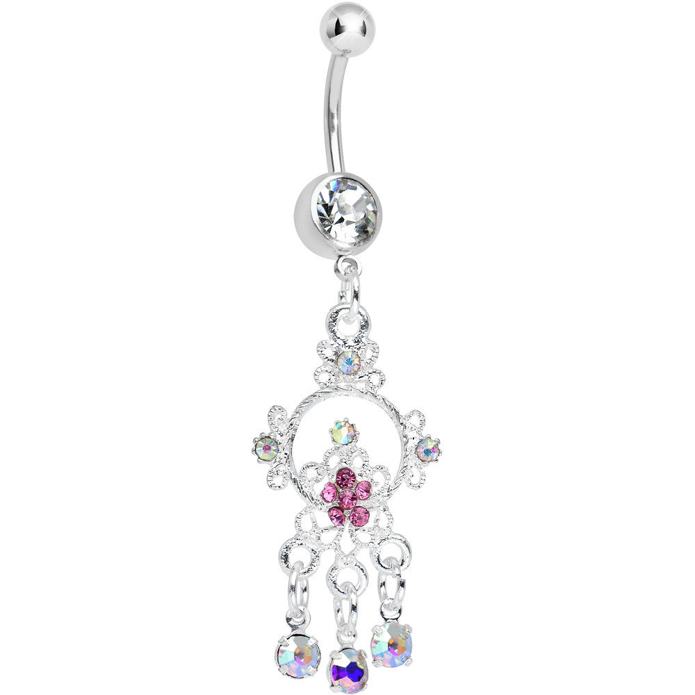 Crystalline Pink Aurora Gem Glimmering Beauty Flower Dangle Belly Ring