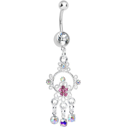 Crystalline Pink Aurora Gem Glimmering Beauty Flower Dangle Belly Ring