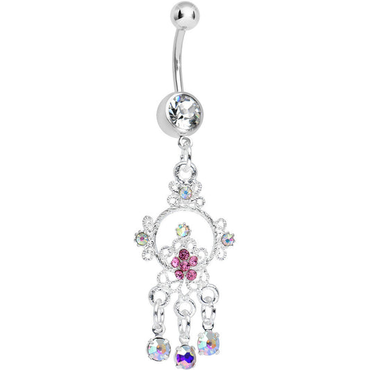 Crystalline Pink Aurora Gem Glimmering Beauty Flower Dangle Belly Ring