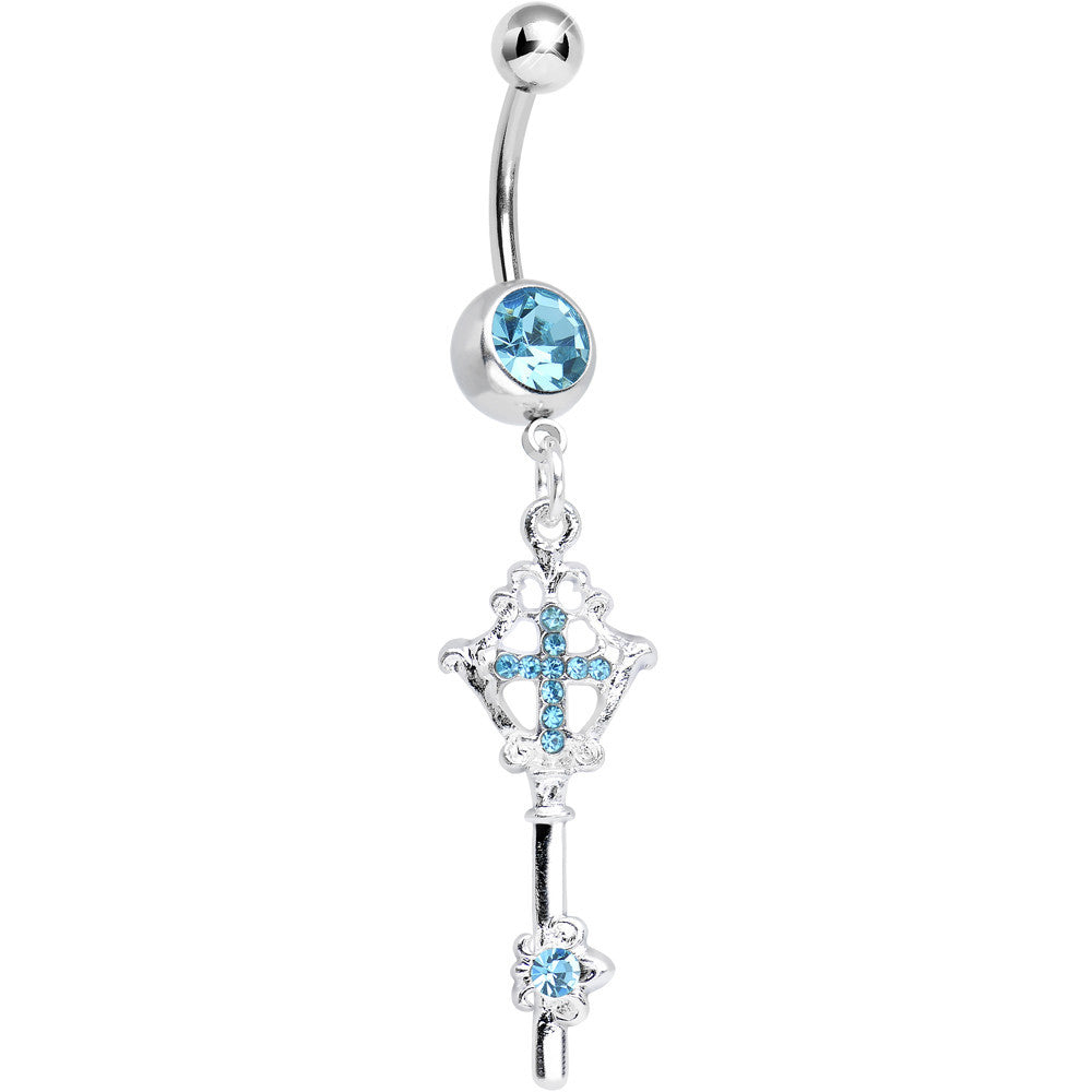 Aqua Gem Key to Faith Cross Dangle Belly Ring