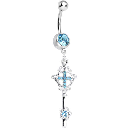 Aqua Gem Key to Faith Cross Dangle Belly Ring