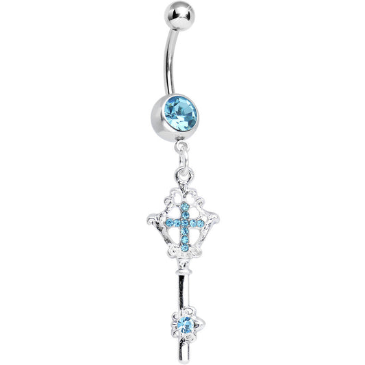 Aqua Gem Key to Faith Cross Dangle Belly Ring