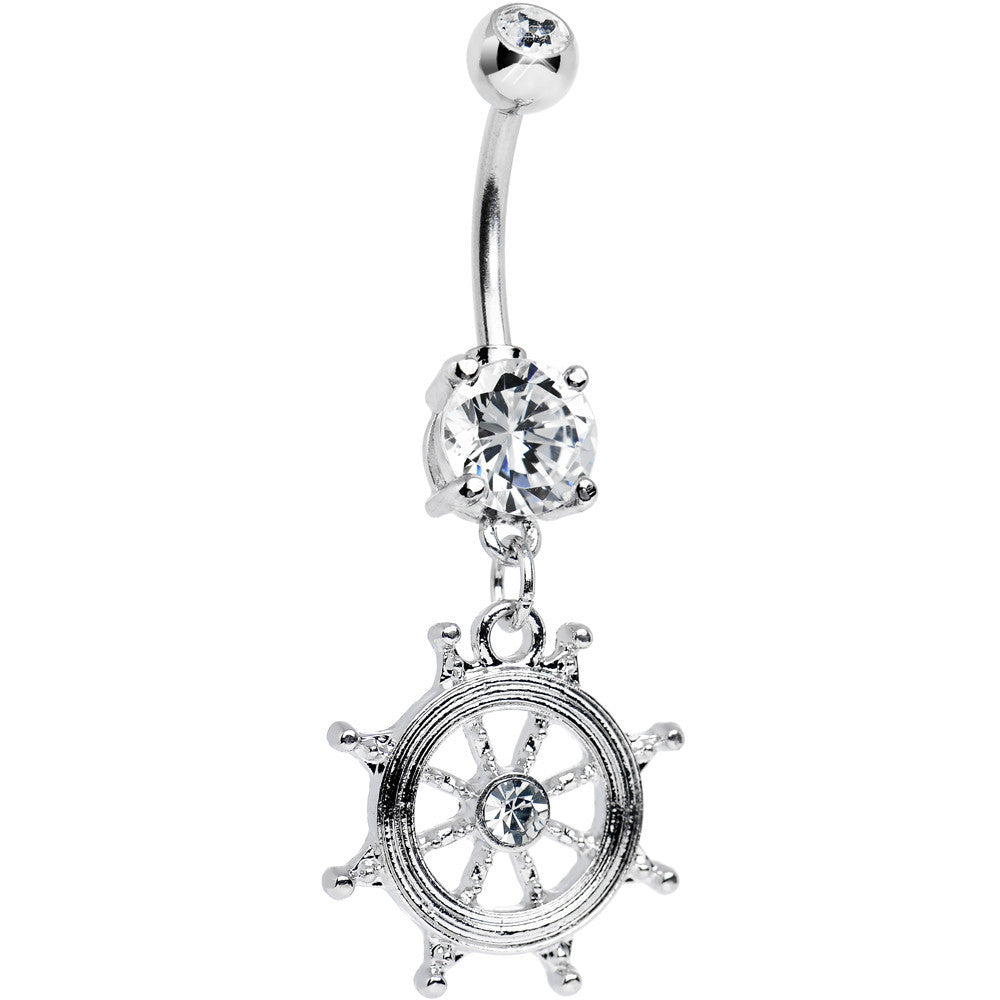 Clear CZ Shimmering Sailor Captain Wheel Dangle Belly Ring