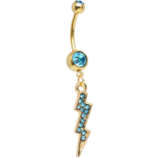 Aqua Gem Gold Plated Flash of Lightning Dangle Belly Ring