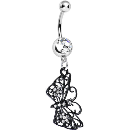 Clear Gem Floral Wings Black Butterfly Dangle Belly Ring