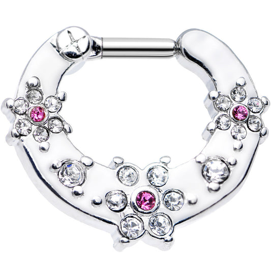 14G Clear and Pink Gem Flowers Septum Clicker