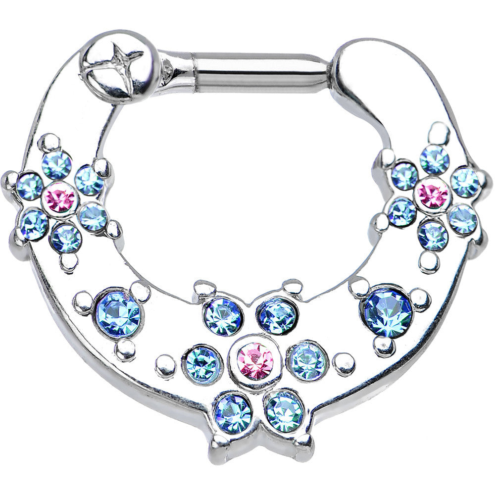 14G 1/4 Aqua and Pink Gem Flowers Septum Clicker