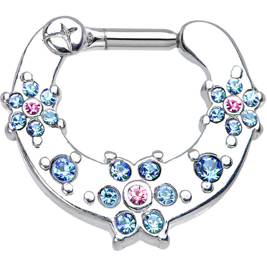 14G 1/4 Aqua and Pink Gem Flowers Septum Clicker