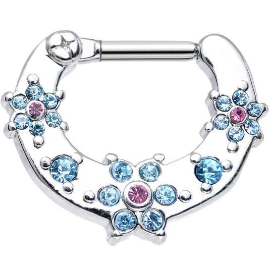 14G 5/16 Aqua and Pink Gem Flowers Septum Clicker