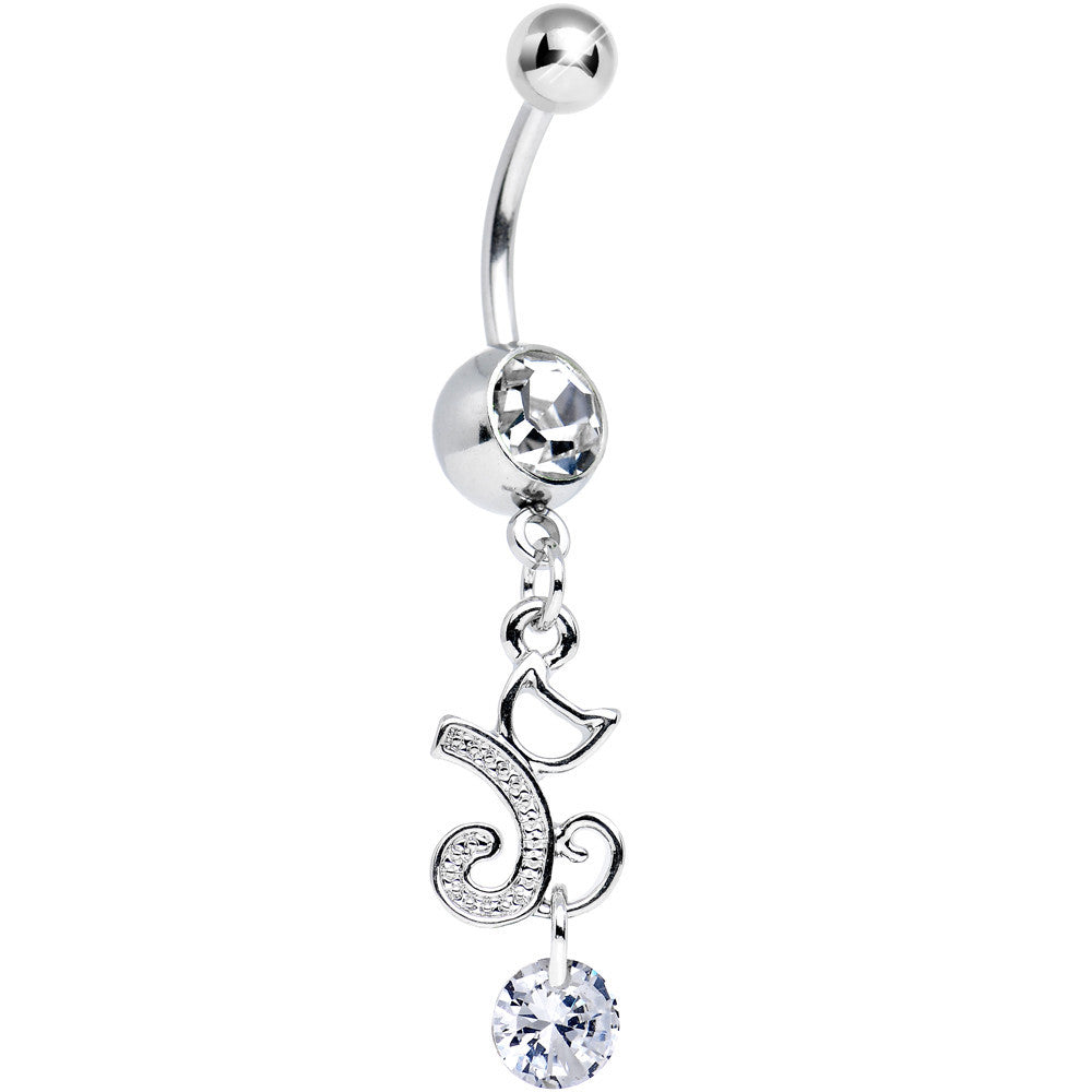Clear Cubic Zirconia Falling Ribbon Swoosh Dangle Belly Ring