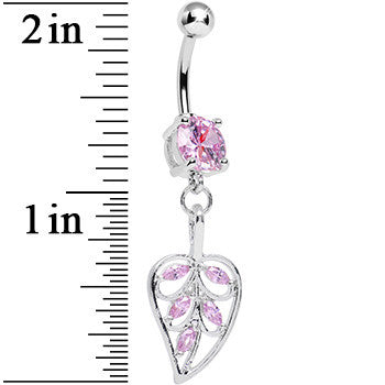 Pink Cubic Zirconia Scroll Pattern Rainforest Leaf Dangle Belly Ring