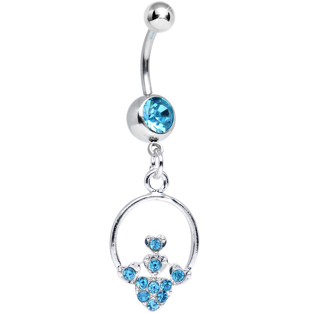 Aqua Gem Hoop Encircled Hearts Dangle Belly Ring