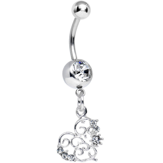 Clear Gem Precious Swirled Heart Dangle Belly Ring