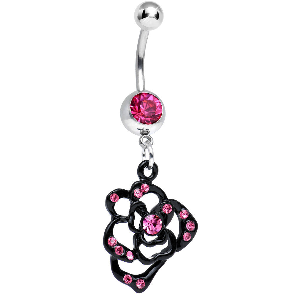 Pink Gem Dark and Heavenly Hollow Rose Flower Dangle Belly Ring