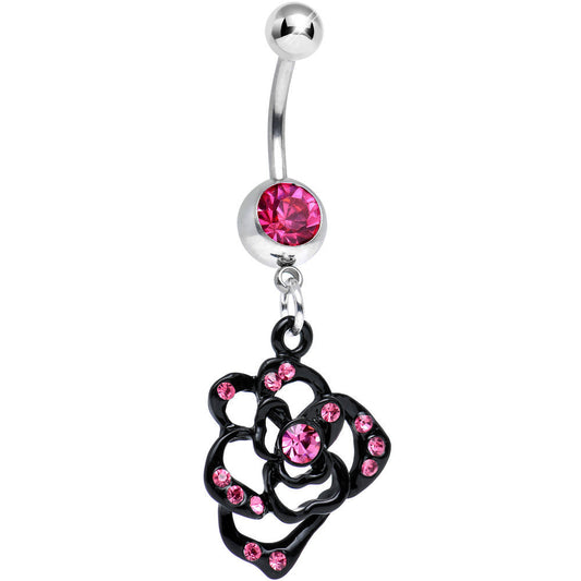 Pink Gem Dark and Heavenly Hollow Rose Flower Dangle Belly Ring