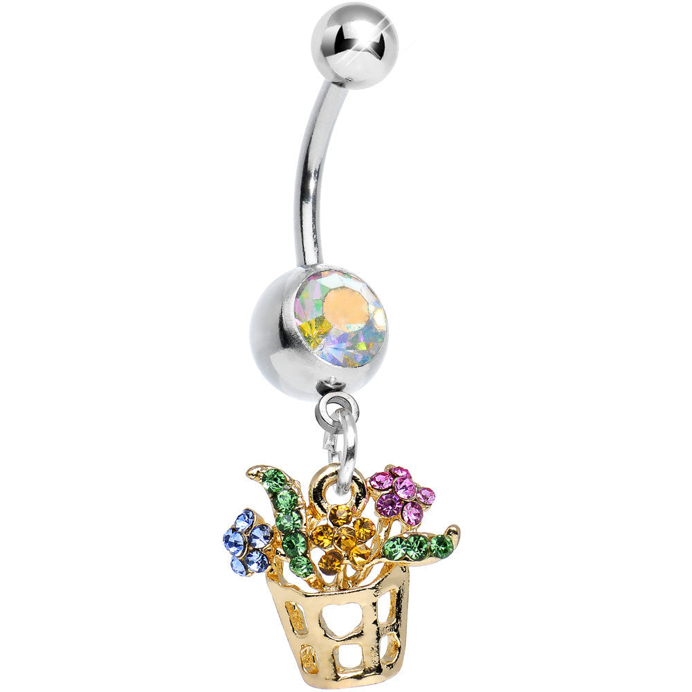 Aurora Gem Gleaming Gold Basket of Flowers Dangle Belly Ring